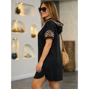 Robe à manches courtes pour femme avec col à nouer et détails de poches, robe en viscose à deux fils, 36493 - Noir - Product Image 4