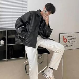 แจ็กเก็ตหนัง PU สำหรับผู้ชาย, แจ็กเก็ตมอเตอร์ไซค์สีดำทรงหลวมสไตล์ลำลองย้อนยุคอเมริกันเสื้อโค้ทมีซิป - Product Image 3