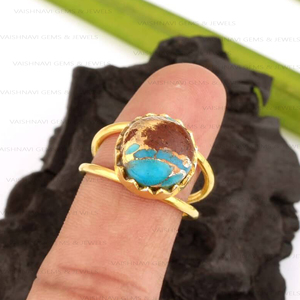 Venta caliente bohemio 10mm Lava cobre turquesa plata esterlina 18K oro rodio plateado bisel anillos de ajuste para fiestas de mujeres - Product Image 1