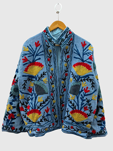 Veste en coton brodée à la main avec motif cœur et œil, manches longues, col montant, grande taille, pour adulte, tenue d'automne - Product Image 1
