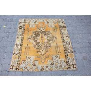 3.2x3.8 ft Rug, Vintage Turkish Rug, <b>Yellow</b> <b>Wool</b> Rug - Product Image 1