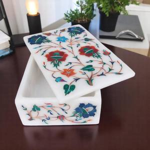 Rectangle en marbre blanc poli 4 "boîte à bijoux d'imitation antique faite à la main pierre de travail d'incrustation multicolore - Product Image 2