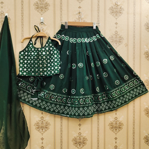 Shoryam Fashion Best Seller Green Sequin Girls Floor-Length Regular Fit Lehenga Choli Dupatta |   Nouveauté, qualité supérieure - Product Image 1