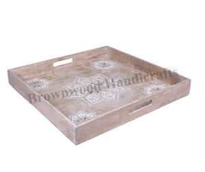 <b>Hotel</b> and <b>Restaurant</b> <b>Supplies</b> Rectangular Hand Carved Wooden Tray Set Mango Wood Food Serving Trays Set of 2 with Handles - Product Image 6