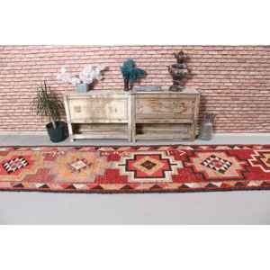 Vintage Rug, 2.8x12.3 ft <b>Runner</b> Turkish Rug, Herki <b>Red</b> Brown Abstract Rug - Product Image 3