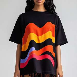 T-shirt d'été oversize en coton doux imprimé de vagues abstraites, col rond, épaules tombantes, demi-manches, noir, décontracté pour femmes - Product Image 6