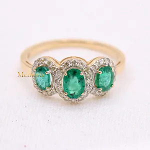 2024 Handgemaakte Natuurlijke Smaragd Ovaal Geslepen Edelsteen En Diamanten Edelsteen Helende Ring Voor Vrouwen 14K Geel Goud Kostbare Sieraden