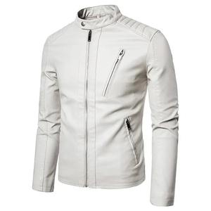 Col montant vestes mode décontracté Streetwear printemps automne hommes moto veste en cuir solide tendance blanc coupe-vent manteau - Product Image 6