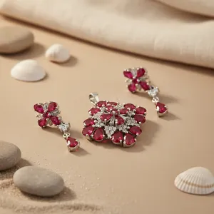 Ensemble de bijoux en argent 925 pour femmes, pendentif fleur, boucles d'oreilles, bijoux fins de luxe pour mariage - Product Image 2