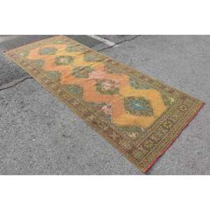 Alfombra turca Vintage de 4,4x11 pies, Amarillo, Azul, retales de lana, algas marinas, área grande, rectángulo, pasillo, habitación, Alfombra de látex abstracto - Product Image 2