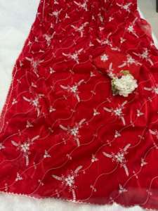 Saree exclusif au look de créateur avec chemisier sari élégant, élégant, fantaisie, ethnique, dernière boutique indienne à la mode, tenue de fête, saree rouge - Product Image 6