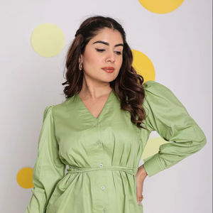 Tops de fiesta de algodón puro Natural, liso, verde menta, cuello en V, botón de manga completa, 100%, ajustados, disponibles, tallas grandes, estilo dulce - Product Image 3