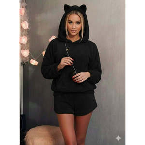 Conjunto de dos piezas de blusa de felpa con capucha y pantalones cortos de manga larga para mujer, 30289 - Negro - Product Image 1