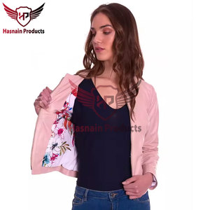 Chaqueta de cuero rosa auténtico para mujer, sin cuello, cuello redondo, de piel de oveja, con cremallera frontal, bolsillos laterales, corte ajustado, prendas de vestir personalizadas, nuevo estilo. - Product Image 3