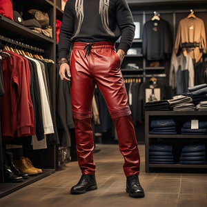 Pantalones de cuero PU de estilo callejero para hombre, pantalones de cuero a la moda con cintura elástica y botones altos, ropa de calle personalizada, pantalones de PU para hombre - Product Image 3