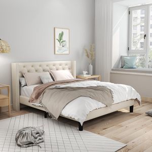 Fábrica de muebles de dormitorio tamaño king blancos modernos, venta al por mayor, marco de cama de madera tapizado suave, camas de tamaño completo baratas en venta - Product Image 1