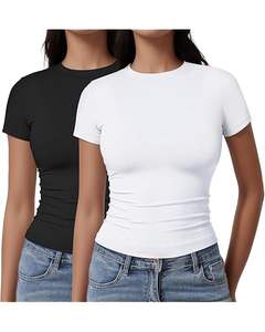 Camiseta informal de moda para mujer, cuello redondo simple, diseño liso, manga corta, Algodón ligero, adecuado para venta al por mayor, verano a granel - Product Image 3