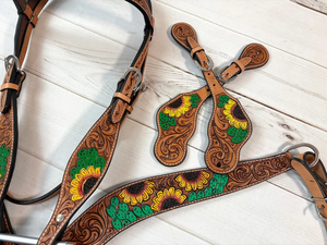 Juego de arreos de cuero repujado con diseño de girasol amarillo y cactus verde, juego de cabezada, pechera y brida para caballo estilo western, tamaño completo/mediano - Product Image 4