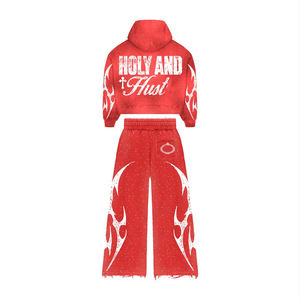 OEM ODM Logo personnalisé Impression en relief sur coton Survêtements pour hommes Impression de survêtement Pantalons cargo évasés et sweat-shirt 2 pièces Ensembles de jogging - Product Image 4