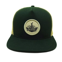 Casquette de camionneur à visière plate avec patch tissé en tissu olive et filet beige, casquette de sport personnalisée pour les marques et les entreprises