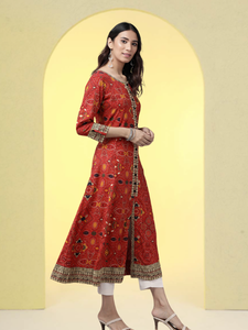 Rayon bandhej พิมพ์ลายสีแดง anarkali kurta ผ้านุ่มสบายชุดพื้นเมืองแบบดั้งเดิมสวยงามเหมาะสำหรับผู้หญิง - Product Image 3
