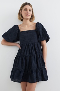 SRJ EXPORTS Shirring Back Three-dimensional Plain Floral Embroidered Dress XL Plus Size Cotton Linen Short <b>Bubble</b> Sleeves A-Line - Product Image 2