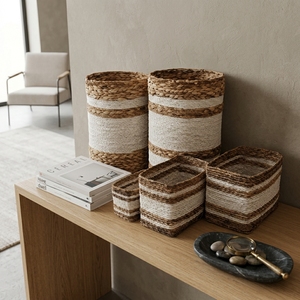 Natural Banana Bark Recycled <b>Plastic</b> <b>Basket</b> Set White Stripe Cylinder Rectangular Pot Bin Planter Pure Art Setup Room Decor Art - Product Image 4