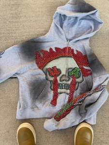 Sweat à capuche en coton à fermeture éclair avec strass imprimés numériques en gros, sweat à capuche surdimensionné personnalisé pour homme, vintage, noir, délavé à l'acide, déchiré - Product Image 3