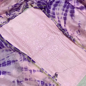 ชุดเดรสลำลองผ้าไหมแท้ยาวถึงเข่าเสื้อเชิ้ตลำลองทำด้วยมือ lucknowi Chikan เย็บปักถักร้อยดีไซน์ย้อมสีทึบ - Product Image 1