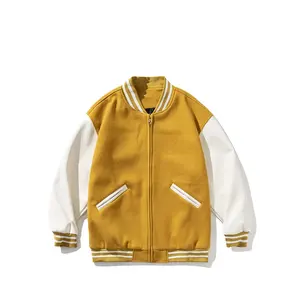 Blouson Versity noir en cuir personnalisé Blouson de baseball jaune Fabricant de veste Bomber Blouson universitaire en cuir - Product Image 4