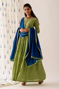 Conjunto de traje Maxi de moda india de alta calidad verde BlockPrint Kurti pantalones seda elegante señoras niñas directo fabricante indio - Product Image 6