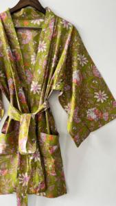 Belle 100% Coton Vert Floral Tissé Kimono Robes Livraison Express Robe de Chambre avec Caractéristique Thermique - Product Image 6