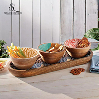 Plateau de service en bois ovale fait à la main avec 3 bols en bois avec motif en émail mutli Parfait pour le service et la décoration intérieure