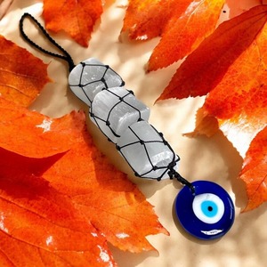 Porte-clés en agate sélénite MUNTAHA avec charme œil de protection, écologique, 15-20 cm, purification énergétique et protection, décoration Feng Shui pour la maison - Product Image 2