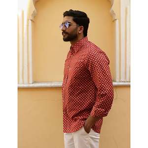 Chemise décontractée pour homme 100% coton, popeline rouge imprimée, manches longues, respirante, style smart casual - Product Image 2