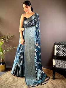 Saree en soie Jacquard élégant pour adultes saison d'hiver riche travail lourd motif floral Style ethnique pour les festivals mariages fêtes - Product Image 3