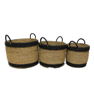 Artex Dong thap ชุดตะกร้าหญ้าทะเลสานด้วยมือจากโรงงาน3ทรงกลมพร้อมขอบพับและที่จับครึ่งสีดำผสม - Product Image 1