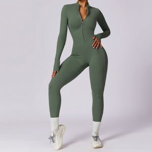 Mono de una pieza de manga larga con cremallera y logotipo personalizado para mujer, Mono para gimnasio, ropa de yoga, monos para mujer - Product Image 5