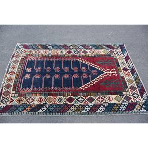 Kilim, alfombra de área grande azul roja, 3,8x5,9 pies, tejido plano, respaldo de látex de lana turca para pasillo, alfombra rectangular de felpa para habitación de retazos - Product Image 3
