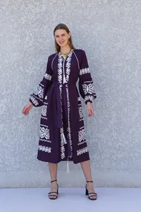 Prix le plus bas bohème 100% coton Maxi robe Vintage lourde broderie travail à manches longues ukrainien Wrap mi-longueur dames robe - Product Image 5