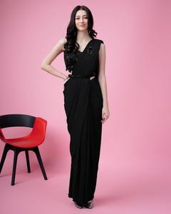 El último Sari de secuencia de bordado de seda satinada de diseñador listo para usar de Fab Zone - Product Image 3