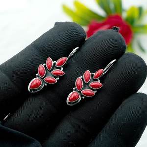 Pendiente de Plata de Ley 925 con coral rojo natural elegante estilo bohemio de boda para su regalo de aniversario mejorado con oro rosa - Product Image 4