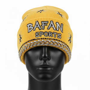 Haute qualité épais Stretch acrylique hommes Beanie Cap chaud chapeau d'hiver avec strass personnalisé Stud Logo style jacquard Beanie Cap - Product Image 1