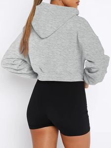Sudadera Corta con Capucha para Mujer, Color Gris Sólido, Manga Larga, Tejido de Mezcla de Algodón, Diseño con Cierre para Otoño - Product Image 3