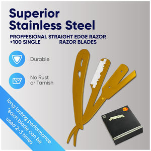 Kit de maquinilla de afeitar de peluquero de acero inoxidable dorado profesional con 100 cuchillas de borde recto desechables incluye cuchillas individuales - Product Image 3