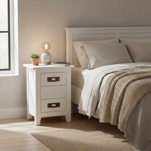 Table d'appoint moderne en bois de caoutchouc et MDF, durable et écologique, avec 2 tiroirs, blanc nacré, pour chambre à coucher - Product Image 5