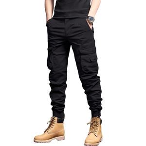 Mens Black Cargo Jogger Pants Mid Elastic Drawstring Multi Pocket Casual Outdoor Cotton Canvas Trousers Regular Fit Bottoms - Product Image 1