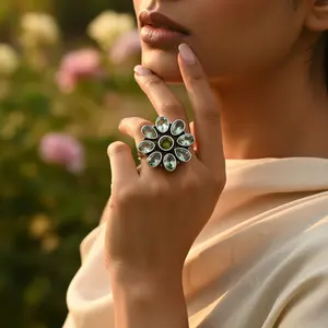 925 <b>Silver</b> Flower <b>Stud</b> Earrings with Green Gemstones Women's Fashion Ring - Product Image 2