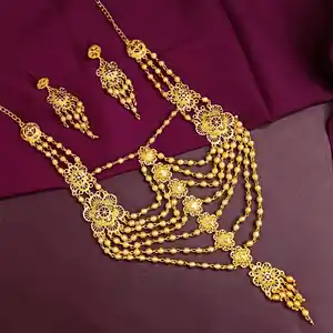 Индийские Позолоченные ювелирные изделия Цветочные кулон многослойная цепочка Ожерелье Висячие серьги индийский производитель ювелирные изделия для женщин