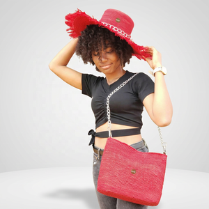 Bolso Tote Bohemio Ana Rojo Rafia con Cierre de Cremallera y Dos Correas de Cadena, Bolso de Playa Casual para Mujer - Product Image 2